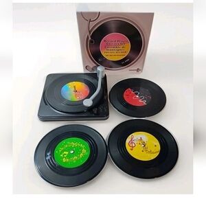 4pc Vinyl Record Drink Coasters Set on Record Player Turn Table Holder Retro